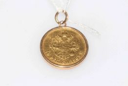 1903 10 Rouble Russian gold coin in pendant mount - Good condition.