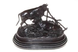 Bronze sculpture of a group of cows on marble plinth, 33cm by 25cm by 19cm.