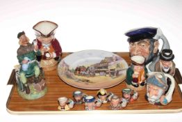 Five Royal Doulton toby and character jugs, six tiny's with shelf,