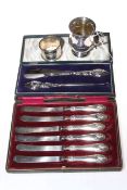Silver christening mug, napkin ring and cased silver handled tea knives, and shoe horn set (4).