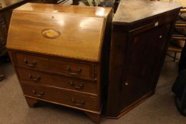 Edwardian inlaid mahogany three drawer bureau and Victorian inlaid oak corner wall cupboard (2).