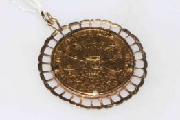 1901 USA $20 dollar Liberty Head Double Eagle gold coin mounted in 9k pendant. Gross weight 38.5g.