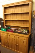 Waxed pine shelf back dresser, 219cm by 151cm by 54cm.