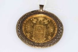 1915 Austria 4 Ducat gold coin in a 9k pendant mount.