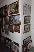 Large collection of pictures including ten framed needleworks, Saxtons Map of Durham print, etc.