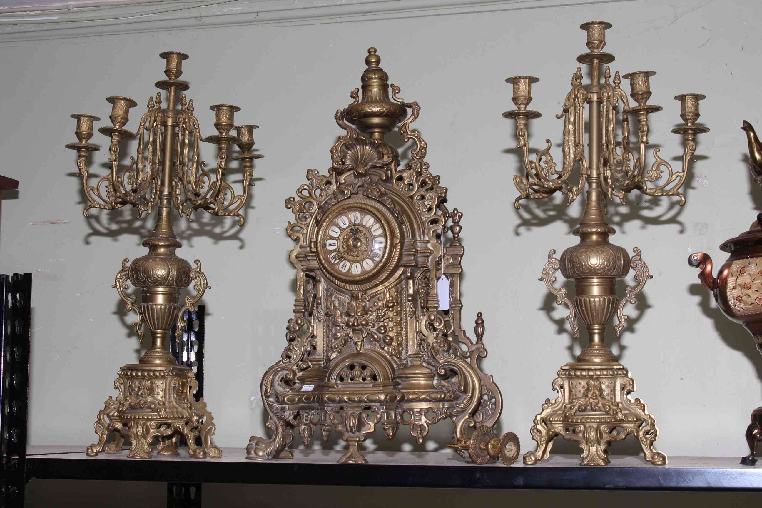 Ornate gilt metal three piece clock garniture and a copper samovar. - Image 2 of 2