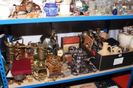 Collection of metalwares including Coalport lady statue on stand, miners lamp, mantel clocks,