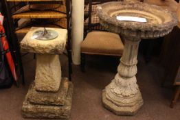 Weathered pedestal sundial (pedestal 68cm high) and weathered pedestal bird bath 88cm high by 59cm