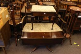 Edwardian parlour settee, mahogany triform standard lamp, cabriole leg music stool,