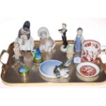 Tray lot with three Royal Copenhagen figures, Royal Worcester Lazy Days snuffer and pill box,