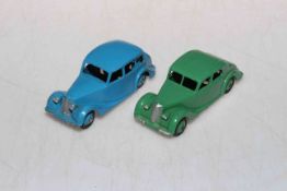 Dinky 40a Riley Saloon and 40b Triumph 1800, unboxed.