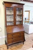 Edwardian mahogany and chequer inlaid bureau bookcase having two astragal glazed doors above a fall