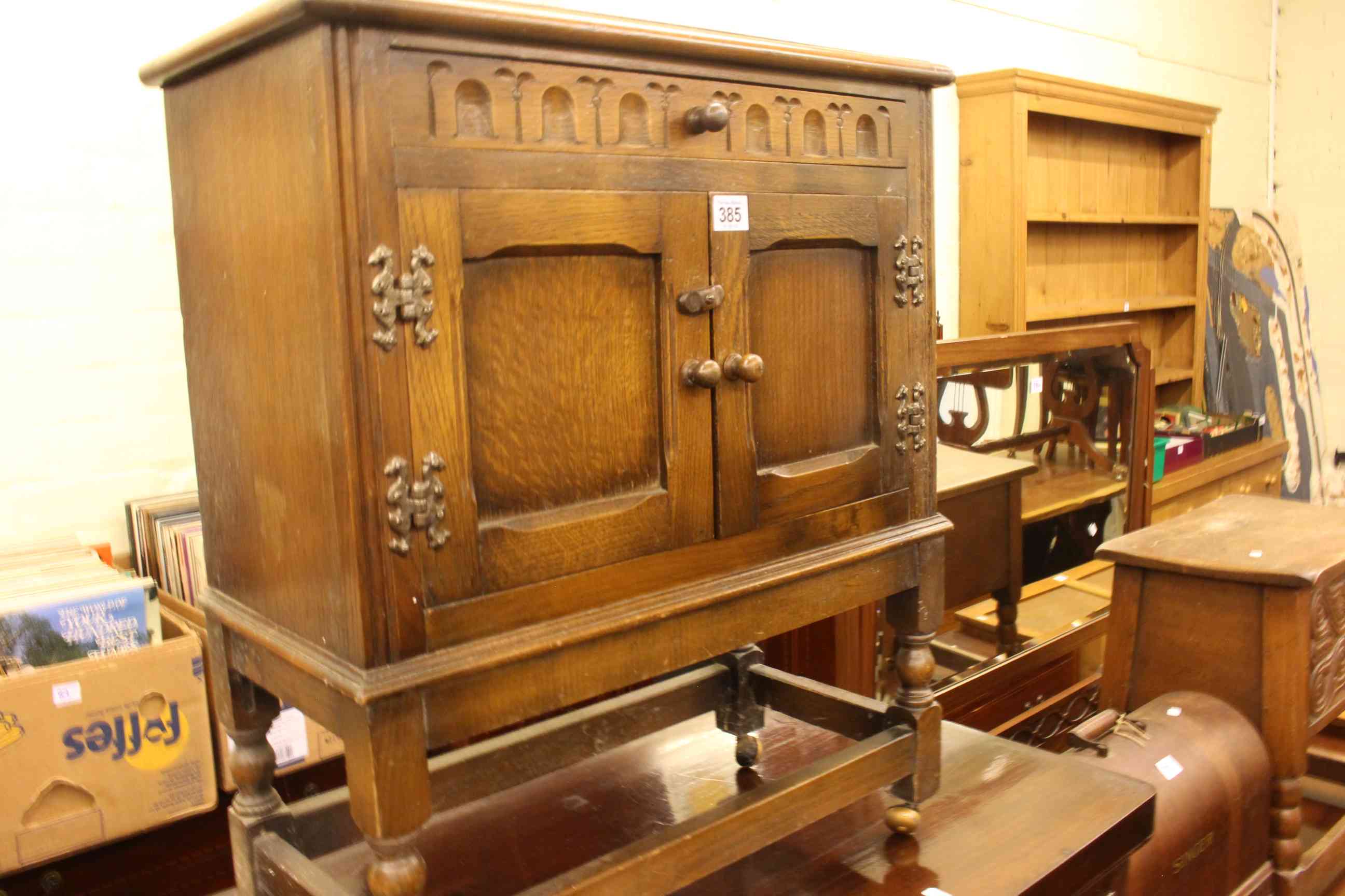 Small oak two door cabinet, Bevan & Funnell oak sewing box and contents, - Image 2 of 3