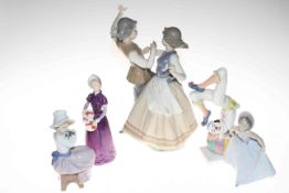 Tray lot with three Royal Doulton figures including Flower Sellers Children, two Llado figures,