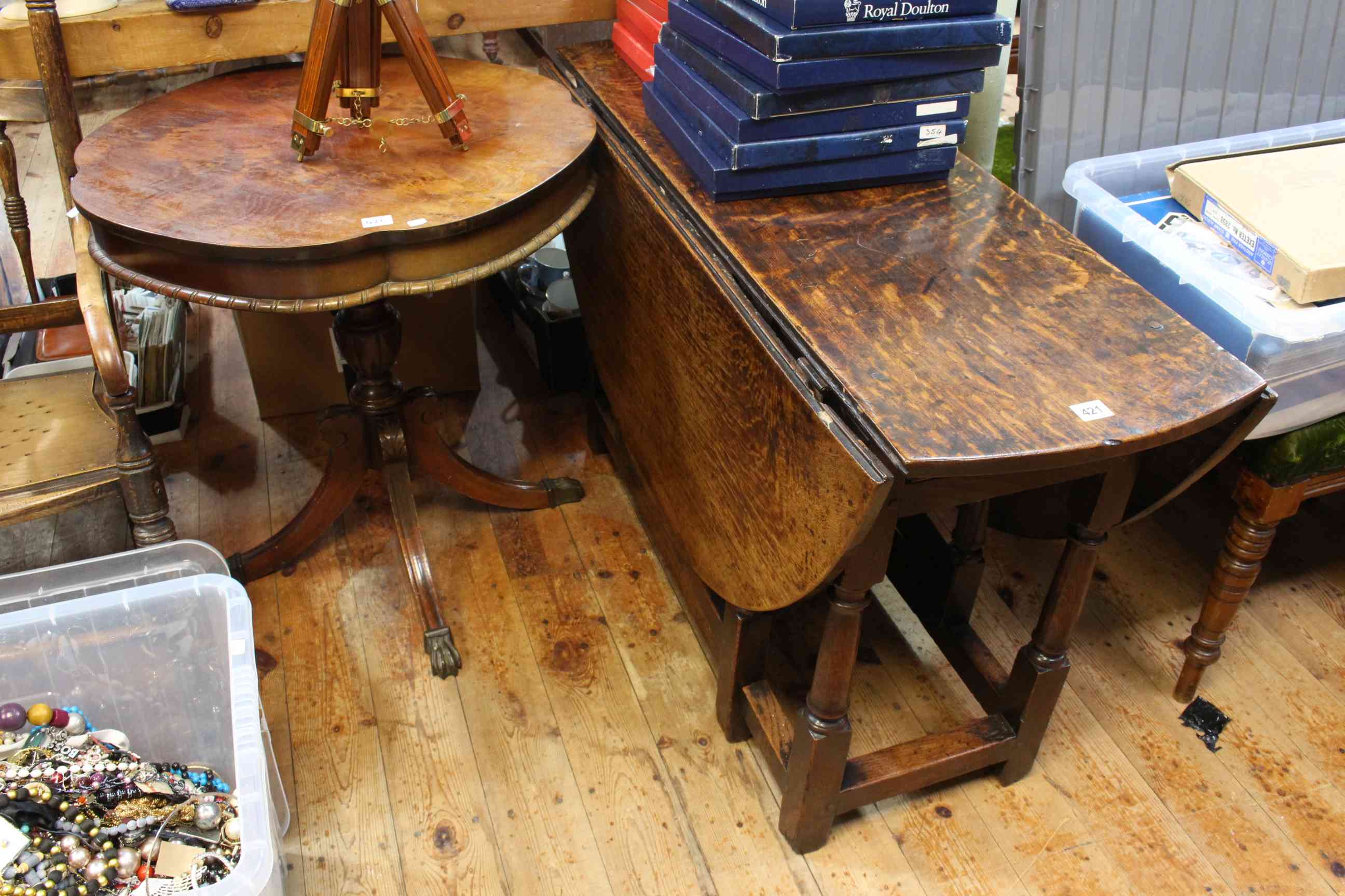 Antique jointed oak gate leg dining table and mahogany circular shaped top pedestal occasional