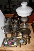 Two oil lamps, pewter tankards, brass trivets, silver plated teapot, basket and cutlery, etc.