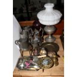 Two oil lamps, pewter tankards, brass trivets, silver plated teapot, basket and cutlery, etc.