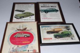 Four framed car adverts.