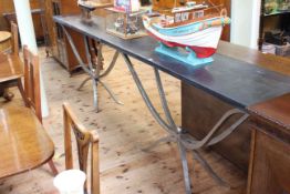 Pair contemporary slate top and wrought metal console tables, 89cm high by 181cm long by 46cm wide.