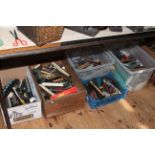 Five boxes of model railway carriages, engines, track, etc.