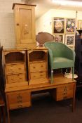 Three pine pedestals, bedroom chair and teak six drawer desk (5).