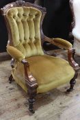 Victorian walnut framed open arm gents chair in button draylon.