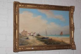 Philip Marchington, Buildings and Boats on a Shoreline, oil on canvas, signed lower right,