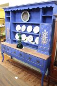 Painted shelf back three drawer dresser on cabriole legs, 202cm high by 185cm wide by 47cm deep.