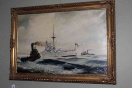 Peter Gerald Baker, Battleship at Sea with two tugs, oil on canvas, signed and dated 77 lower right,