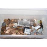 Box of UK coins including Crowns, tokens, etc.