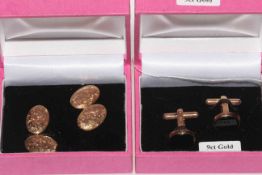 Pair 9 carat gold oval cufflinks with engraved decoration and another pair 9 carat gold cufflinks