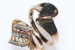 9 carat gold multi gem set ring and 9 carat gold and dark opal ring, both size T/U (2).