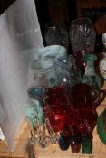 Glassware including ruby glass, art vases, old bottles, etc.