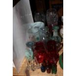 Glassware including ruby glass, art vases, old bottles, etc.