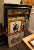 Pair gilt framed painting on glass, four contemporary wall mirrors and three framed pictures (9).