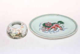 Oval Chinese plate decorated with dragon and pottery ink pot decorated with birds.
