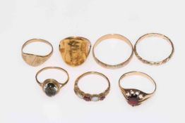 Collection of seven gold rings, mostly 9 carat.