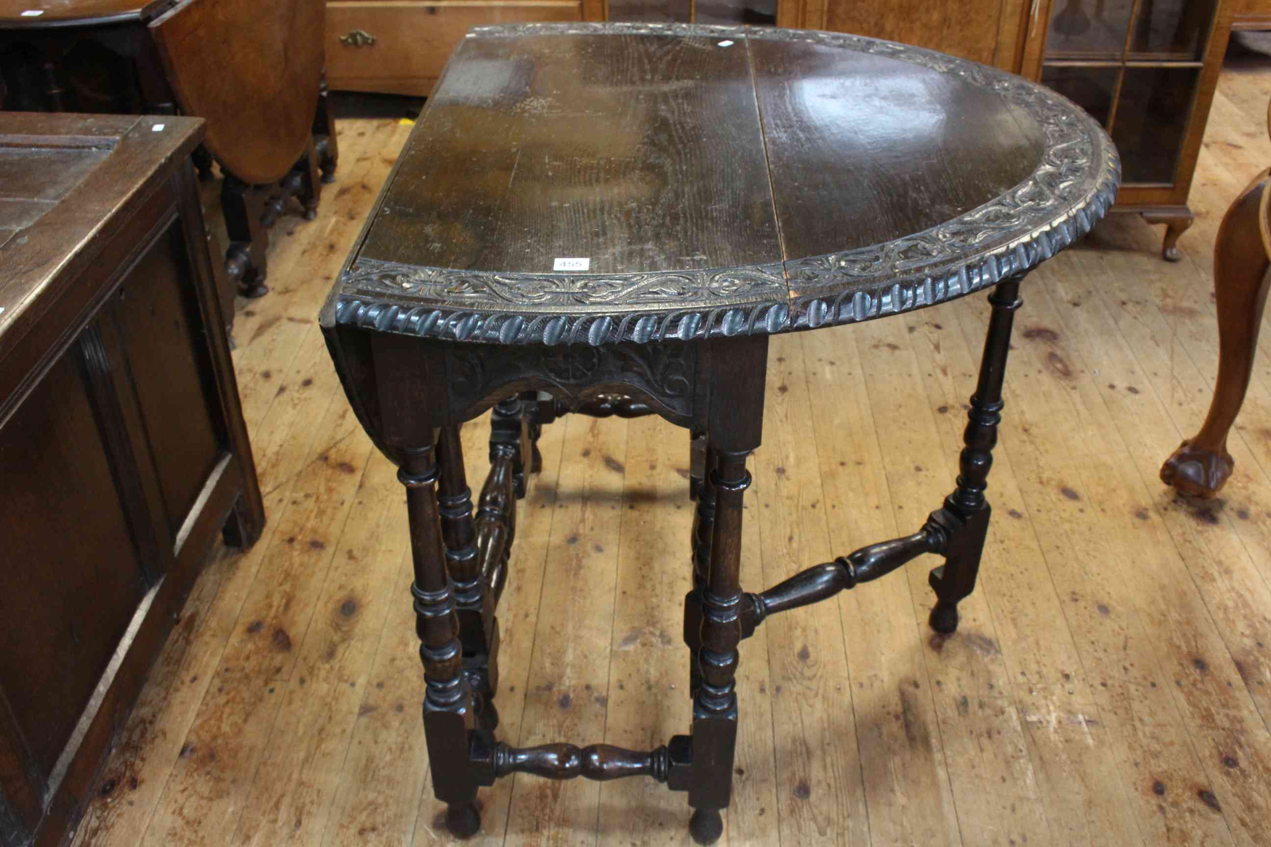 Victorian oak gate leg table with carved border, 78cm high by 91cm (leaves down). - Image 2 of 2