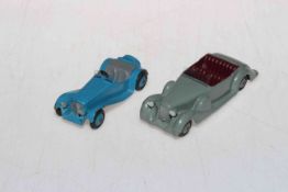 Dinky 38 Lagonda with grey hubs and 38f Jaguar SS100 Sports Car with blue hubs, unboxed.