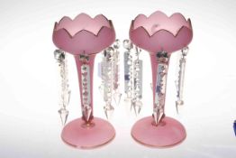 Pair of pink opaque Victorian glass lustres, 26cm.