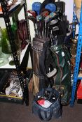 Collection of golf clubs, golf bags, motorised caddy, golf shoes.