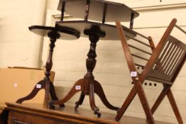 Oak three tier folding cakestand, wrought metal candle stand, folding magazine rack,