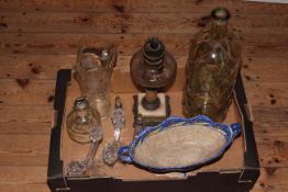 Box with oil lamp, two silver collared scent bottles, glassware, etc.