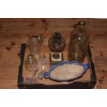 Box with oil lamp, two silver collared scent bottles, glassware, etc.