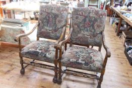 Pair carved scroll armchairs in tapestry fabric.