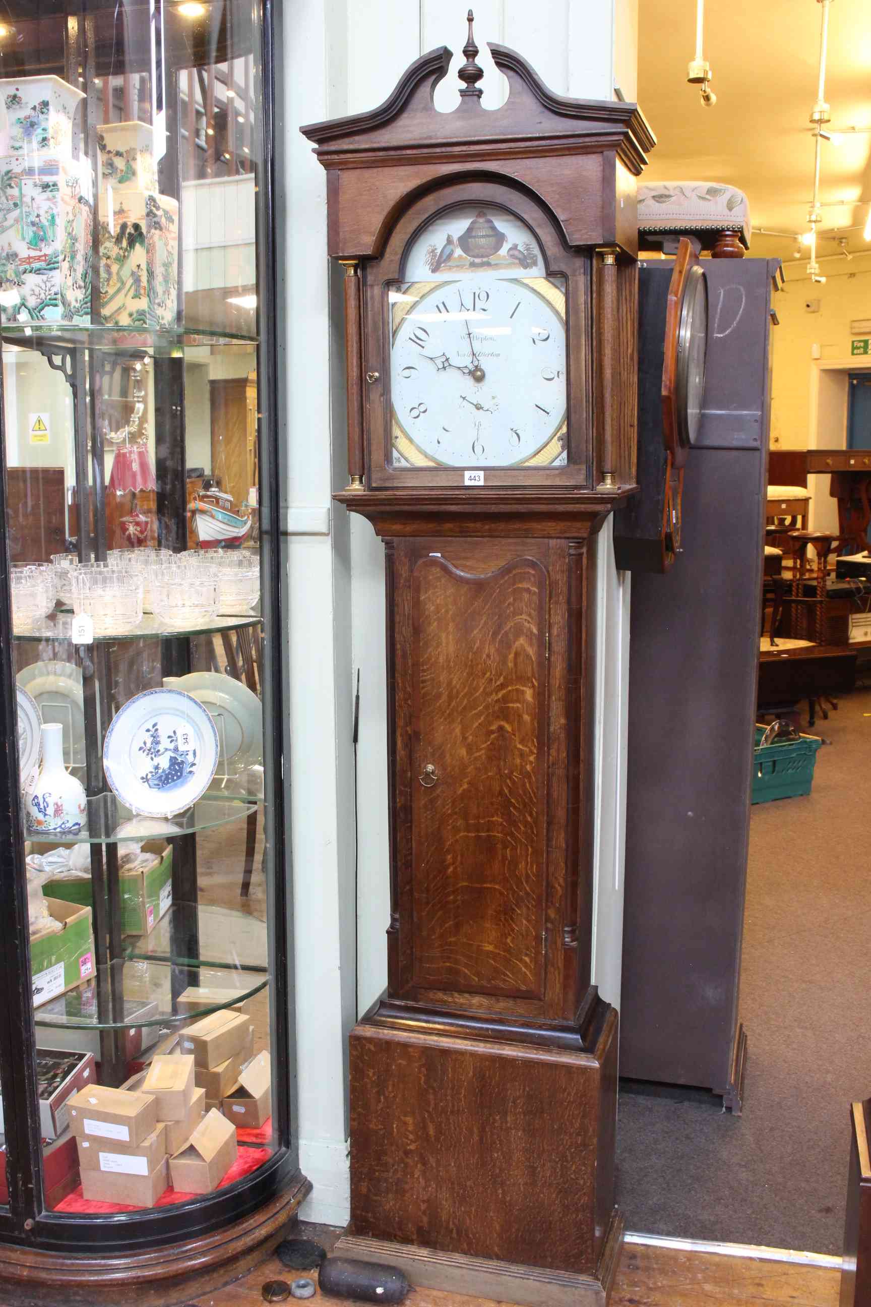 Antique oak and mahogany 30 hour longcase clock having painted arched dial signed Wm Hepton,