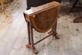 Small walnut and burr wood drop leaf table on bobbin legs, 53cm high by 49.5cm (leaves down).