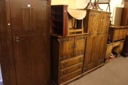 Three piece oak linen fold bedroom suite, linen fold blanket box and hall wardrobe (5).