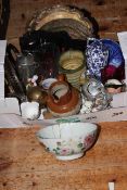 Box of ceramics, glass and metalwares.