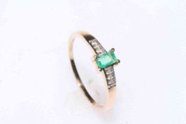 Emerald, diamond and 9 carat gold ring, size P/Q, with certificate.